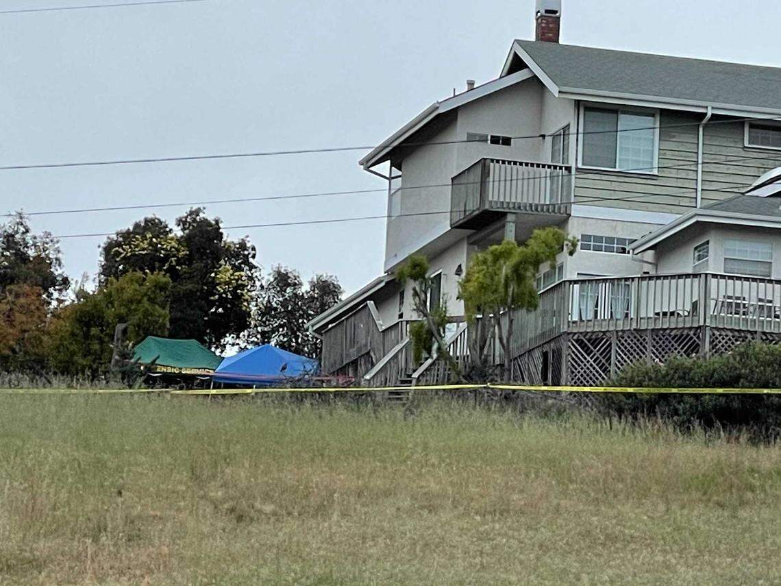 A green Forensic Services tent can be seen next to a blue tent in the backyard of Ruben Flores’ Arroyo Grande home on Tuesday, April 13, 2021. Flores is the father of Paul Flores, named the prime suspect in the 1996 disappearance of missing Cal Poly student Kristin Smart. Ruben and Paul Flores were arrested Tuesday in connection with the case.