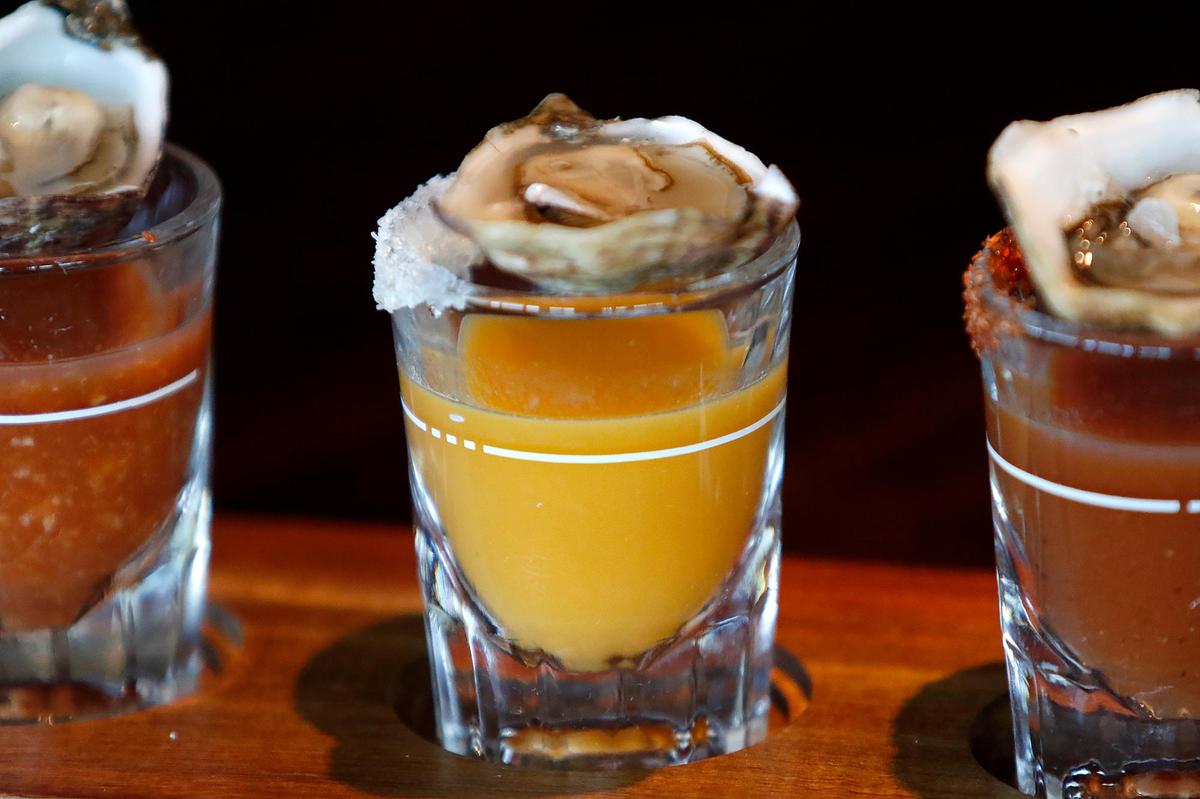A flight of oyster shooters is among the appetizers served at Kicker’s in Morro Bay. The seafood restaurant opened at 850 Embarcadero on Friday, February 10, 2023.