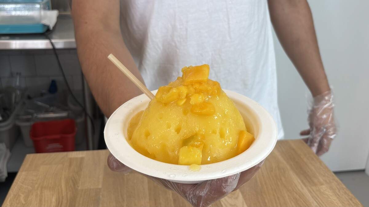 A mango shave ice bowl at Kai Shave Ice in Morro Bay, seen here on July 1, 2026.