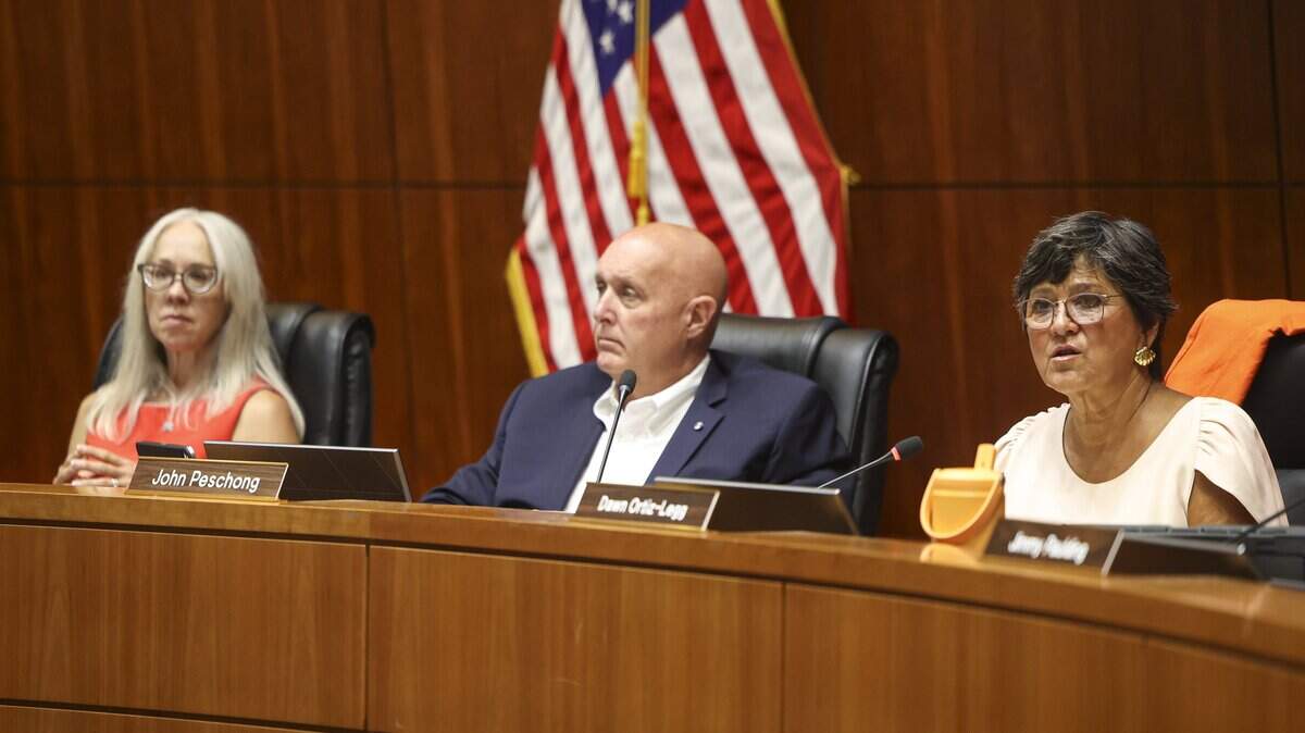 From the left, supervisors Heather Moreno, John Peschong and Dawn Ortiz-Legg as the San Luis Obispo County Board of Supervisors took public comment and official presentations on a controversial federal grant, seen here on Aug. 5, 2025.