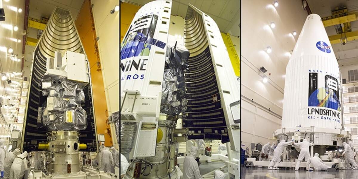 The Landsat 9 observatory in one half of its fairing (left); the L9 observatory being encapsulated in its two fairing halves (center); and the final push to fully encapsulate the satellite (right).