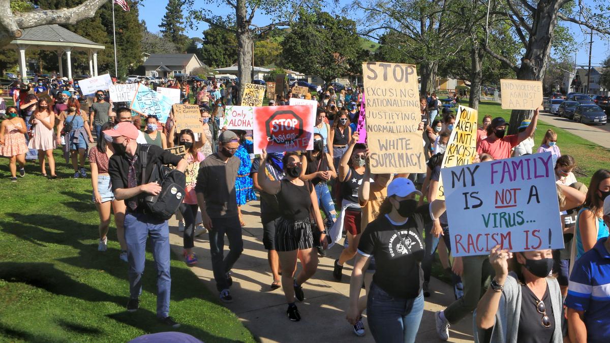 A rally to stop anti-Asian American and Pacific Islander hate started in Mitchell Park in San Luis Obispo before turning into a protest march.