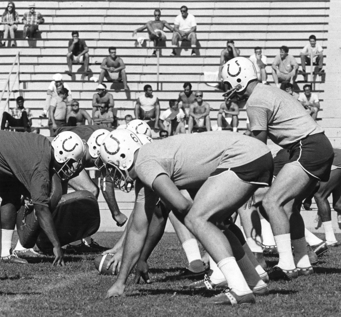 The Baltimore Colts practiceat Mustang Stadium in August 1969. The Colts were coming off of an upset loss to Joe Namath and the New York Jets in Super Bowl III.