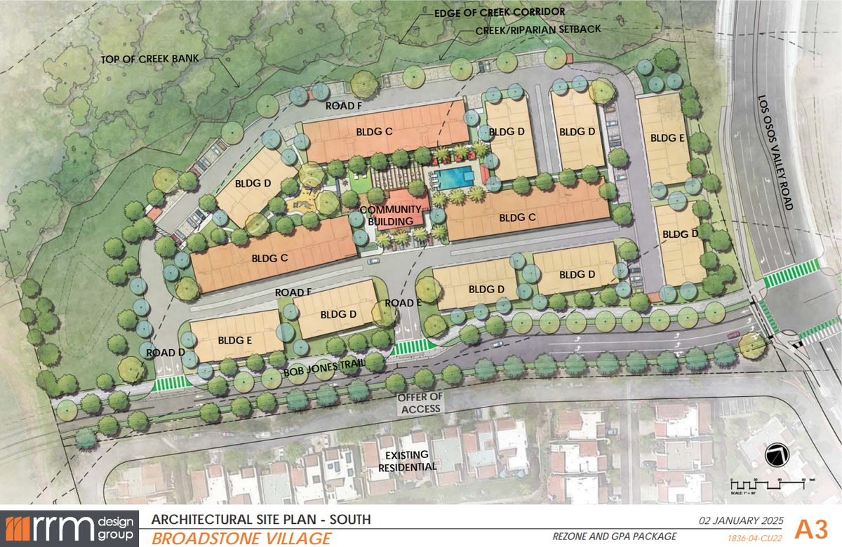 The southern parcel of the planned Broadstone Village housing development near the intersection of Highway 101 and Los Osos Valley Road will include 201 multifamily housing units.