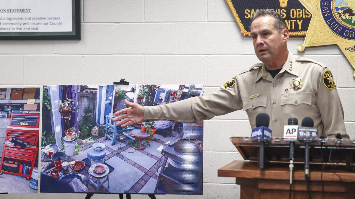 San Luis Obispo County Sheriff Ian Parkinson held a press conference to update the community on search warrant related to the murder of Kristin Smart on May 8, 2026. Authorities have searched the Arroyo Grande home and grounds of Susan Flores, mother of convicted murderer Paul Flores. Here he points to a backyard patio at the residence.