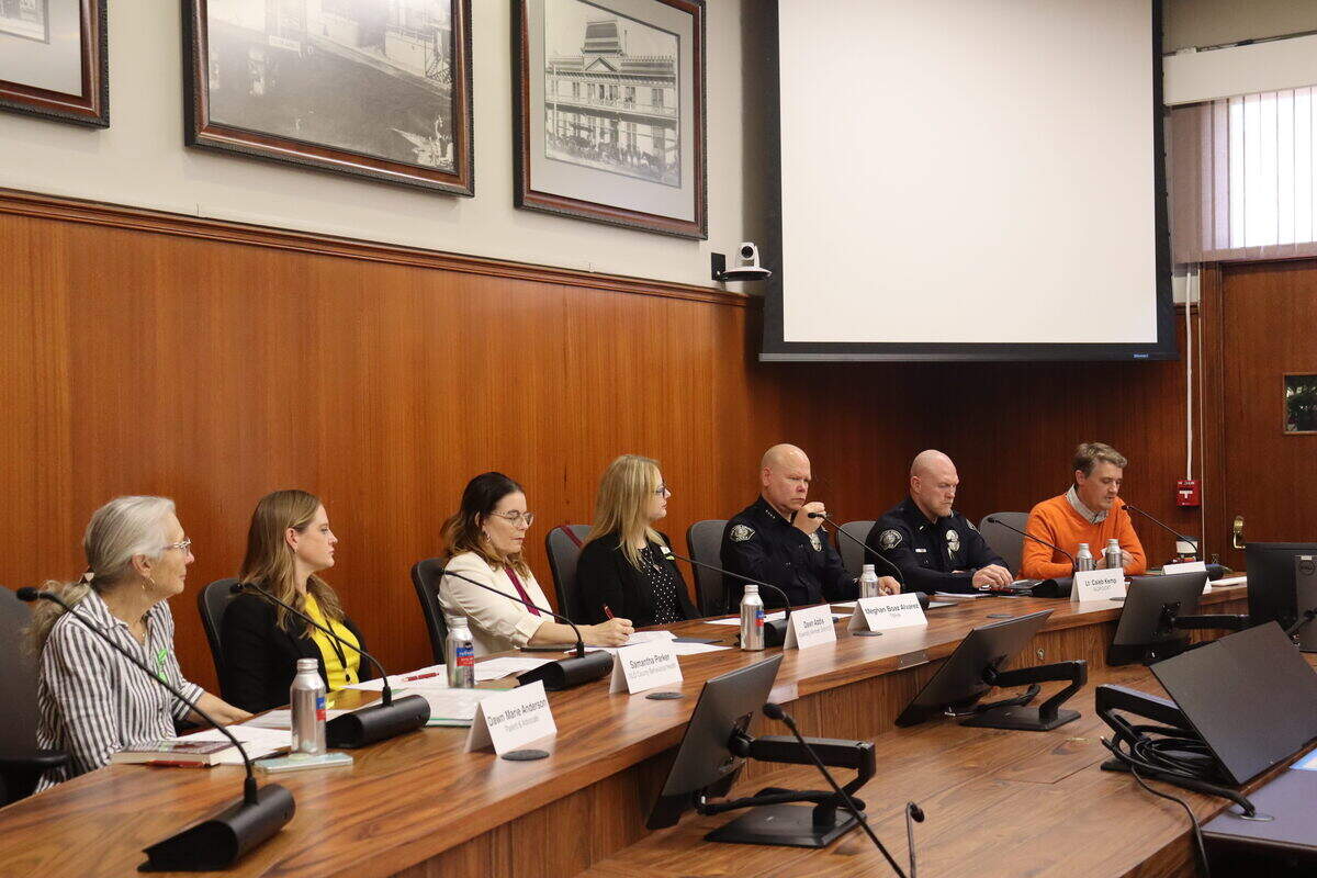 A May 8, 2026, panel held in San Luis Obispo City Hall brought together, from left, parent advocate Dawn Marie Anderson, SLO County Behavioral Health Access and Crisis Services Division Manager Samantha Parker, Assembly member Dawn Addis, Community Action Partnership Homeless Services Director Jack Leahy, San Luis Obispo Police Chief Rick Scott and Lt. Caleb Kemp to discuss gaps in care for the severely mentally ill in SLO County.