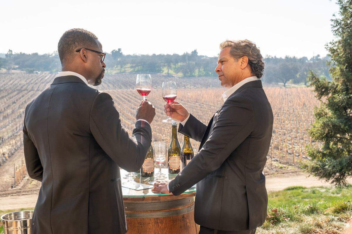 Sterling K. Brown, left, and Jon Huertas appear in an episode of “This Is Us” filmed at Allegreto Vineyard Resort in Paso Robles.
