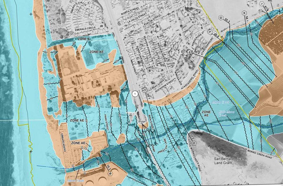 This map shows in blue the “special flood hazard areas” designated by the Federal Emergency Management Agency. Areas in orange have only a slight chance of flooding. The Silver City West mobile home community resides between Atascadero Road and Morro Creek.