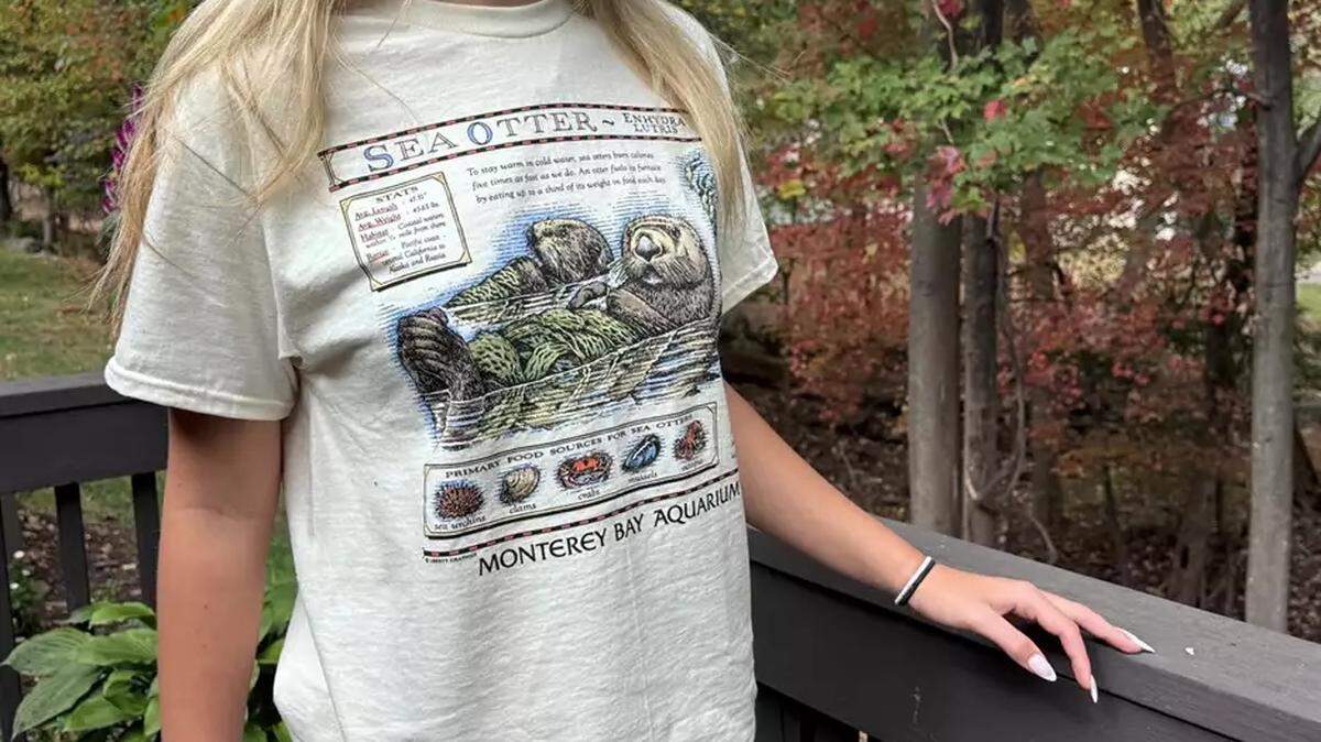 The Monterey Bay Aquarium is selling a re-release of its vintage sea otter shirt after Taylor Swift wore the shirt in “The Life of a Showgirl” official release party movie.