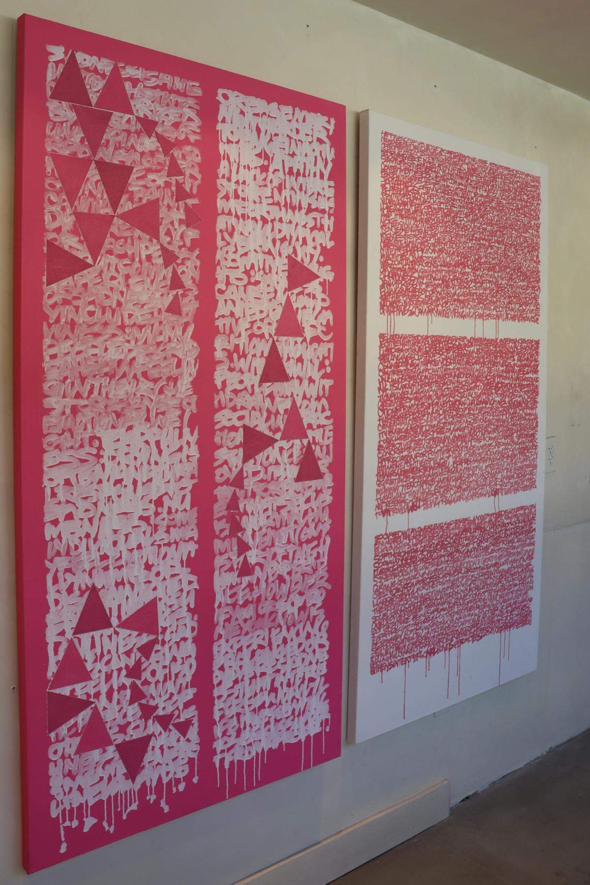 Two paintings, “ENTROPY,” left, and “CONSTANTS,” created by siblings and artists Zoya Dixon and Sam Lopata, are on temporary display at an art pop-up in unleased space at the Block Shops in downtown Atascadero.