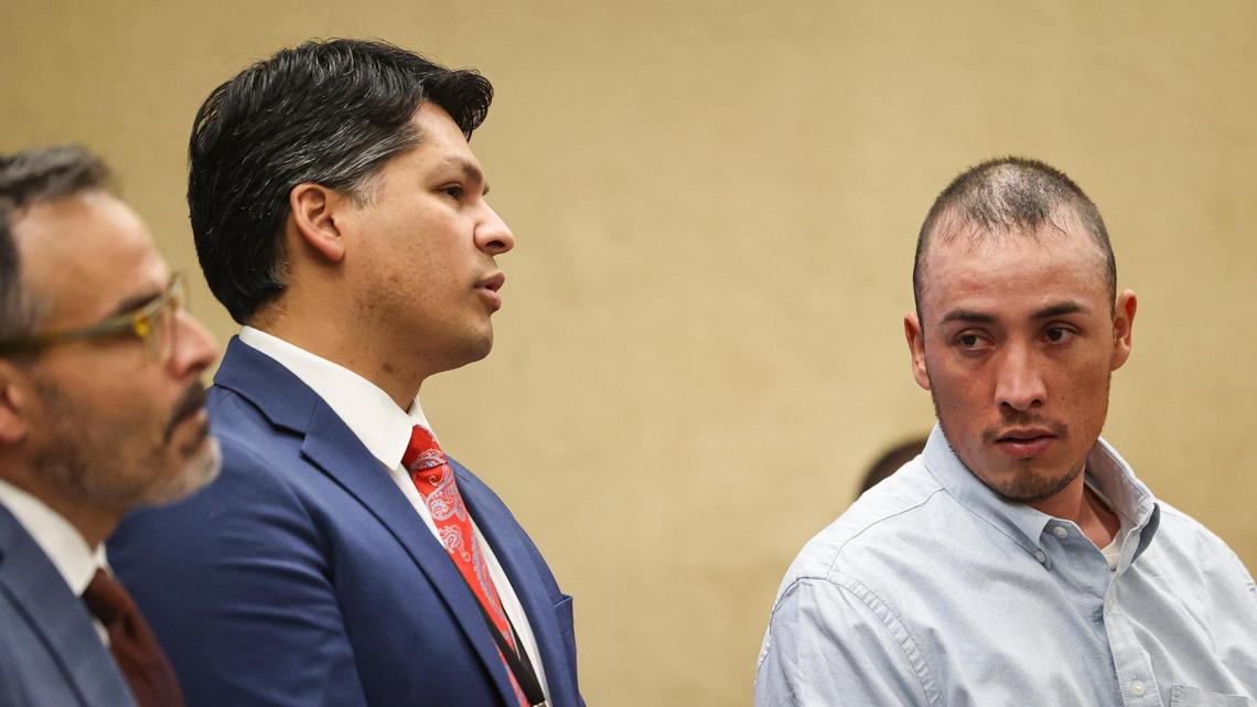Briant Reyes Estrada, right, appeared in court on May 14, 2025, and pleaded not guilty to murder and child abuse charges after the death of his son, who was left in a hot car outside the Paso Robles Inn on May 10, 2025. From right are defense attorney Patrick Fisher and courtroom interpreter Abraham Sánchez.
