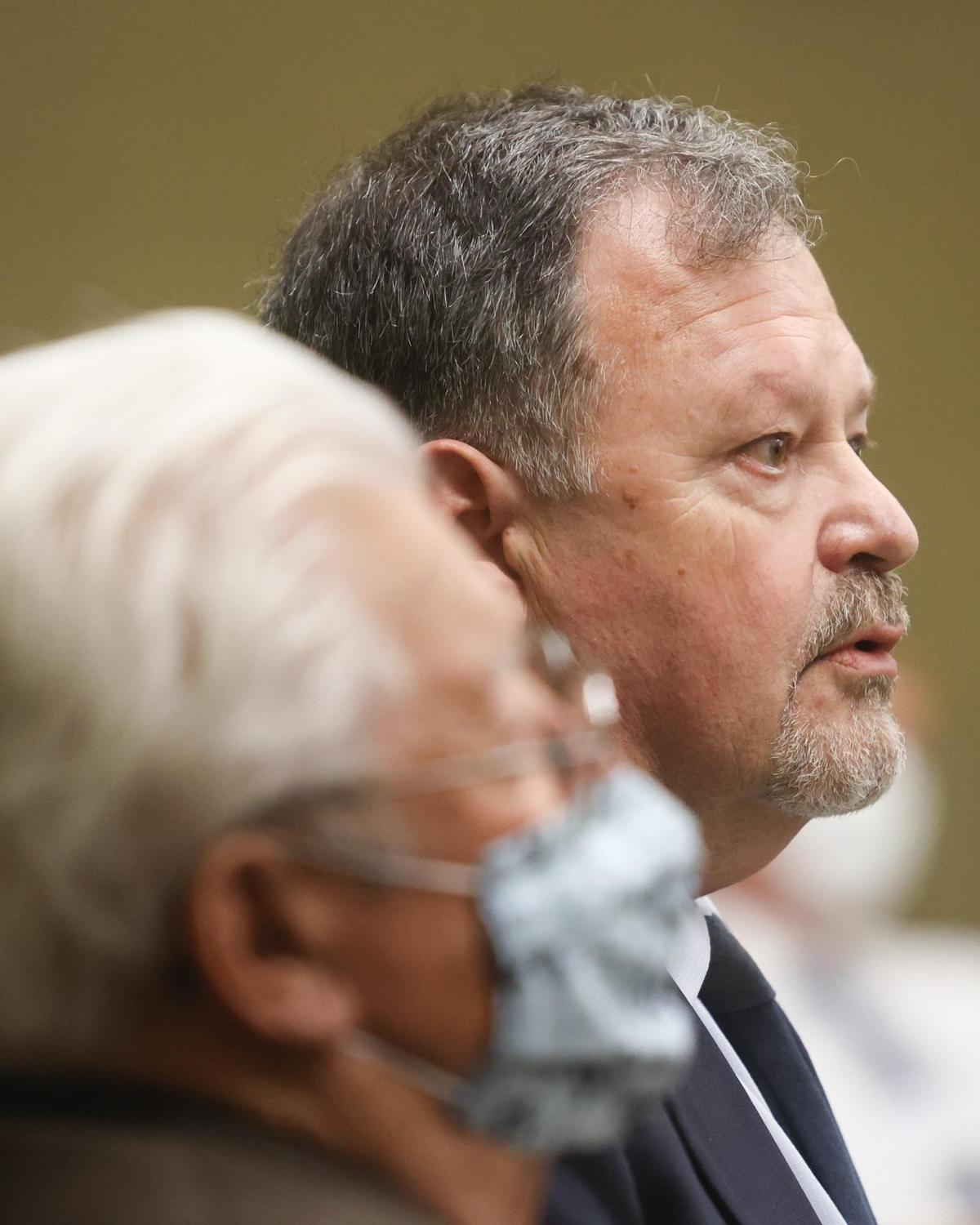 Defense attorney Harold Mesick, right, and his client, Ruben Flores, appear in San Luis Obispo Superior Court during a preliminary hearing on Monday, Aug. 2, 2021. Flores, the father of murder defendant Paul Flores, is accused to helping his son hide the body of missing Cal Poly student Kristin Smart.