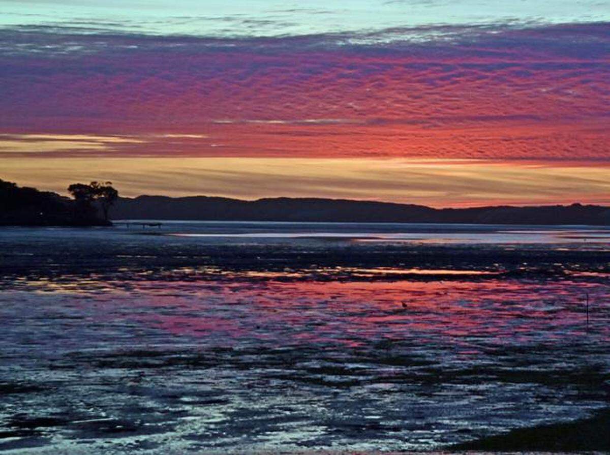 A January 2020 sunset turns the clouds pink in this view of the Morro Bay Estuary from Baywood Park.