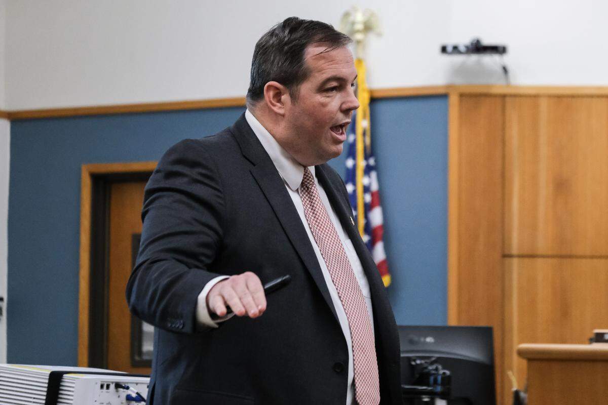Defense attorney Scott Taylor gives closing arguments in the case against his client, Nate Abate, in San Luis Obispo Superior Court on Oct. 16, 2024. Abate is charged with two counts of rape by force, one count of rape by intoxication and oral copulation of a minor — all felonies.