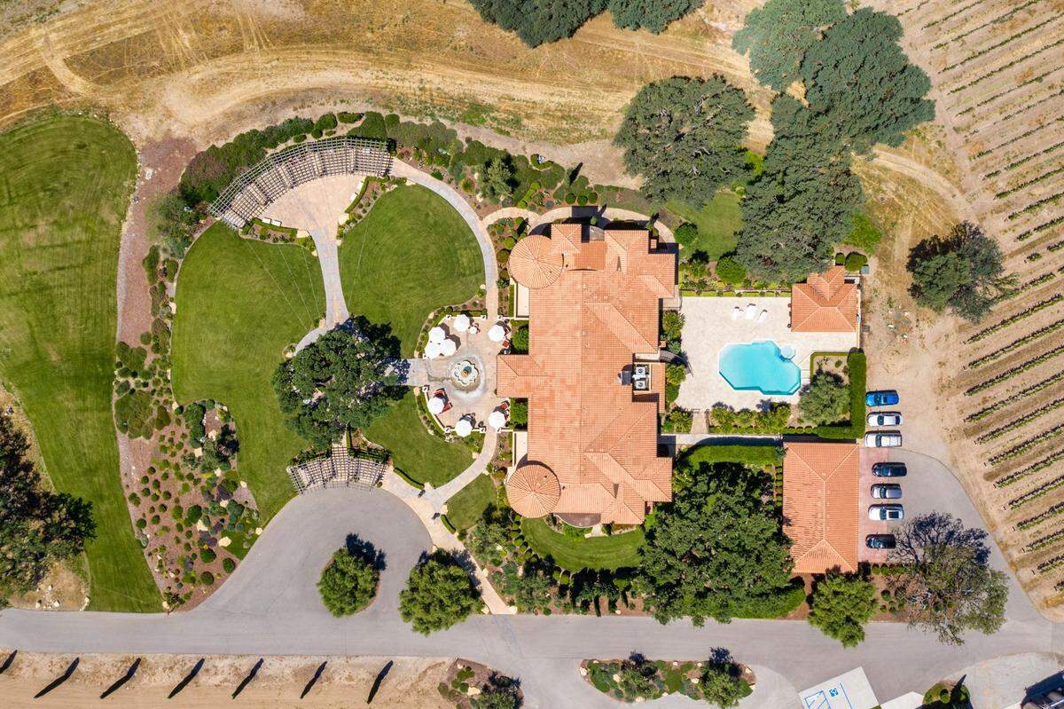 An aerial view shows the 159-acre estate at Villa San-Juliette in San Miguel, California. The property is listed for $22 million.