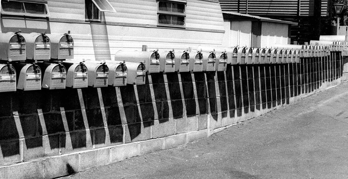 A mobile home park along Orcutt Road in San Luis Obispo has a row of mail boxes.