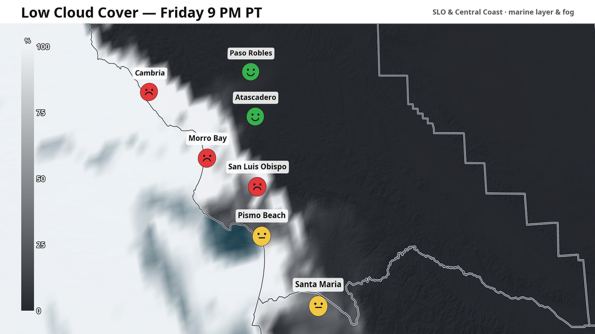 Forecast firework watching conditions between low clouds and the marine layer Friday at 9 p.m.