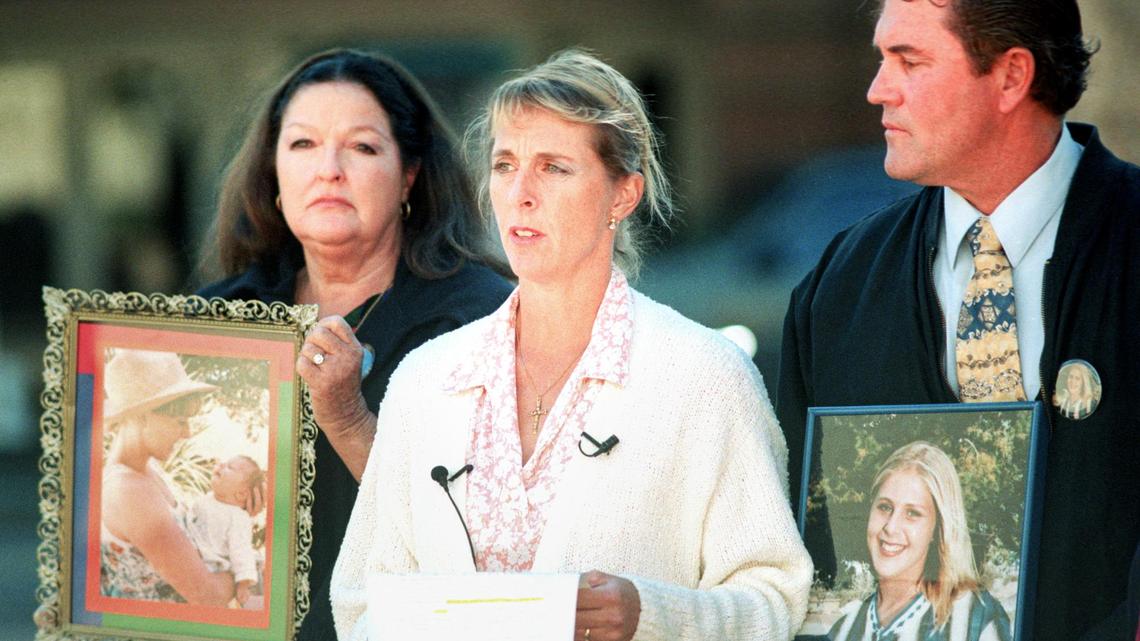 From the left: Elyse Pahler’s grandmother Elyse Walter, and parents Lisanne and David Pahler speak at a news conference in San Luis Obispo Dec. 19, 1997. Elyse Pahler disappeared from her parent’s home July 22, 1995; three teens were convicted of her murder in 1997.
