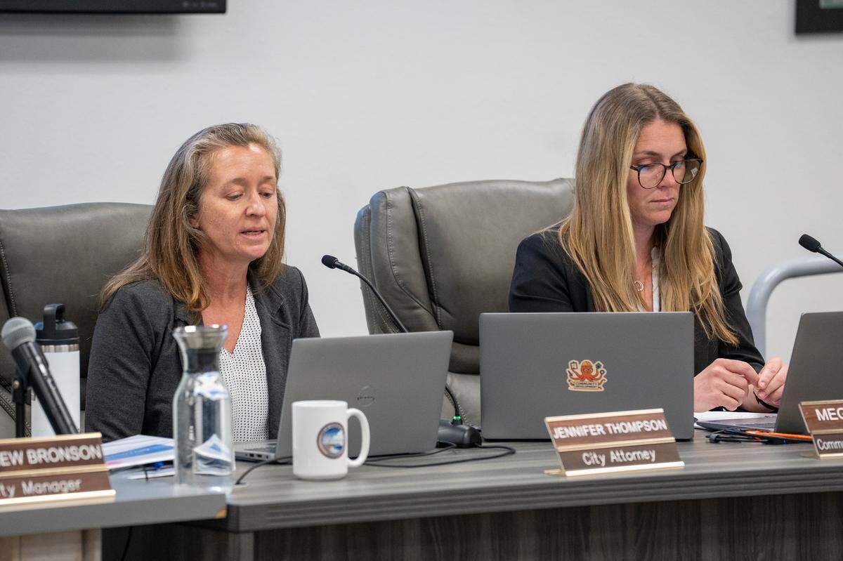 Grover Beach city attorney Jennifer Thompson and community development director Megan Martin give a presentation at a joint City Council and Planning Commission meeting on Tuesday, March 31, 2026. The joint meeting featured a handful of policies that the city could pursue to lower development height.