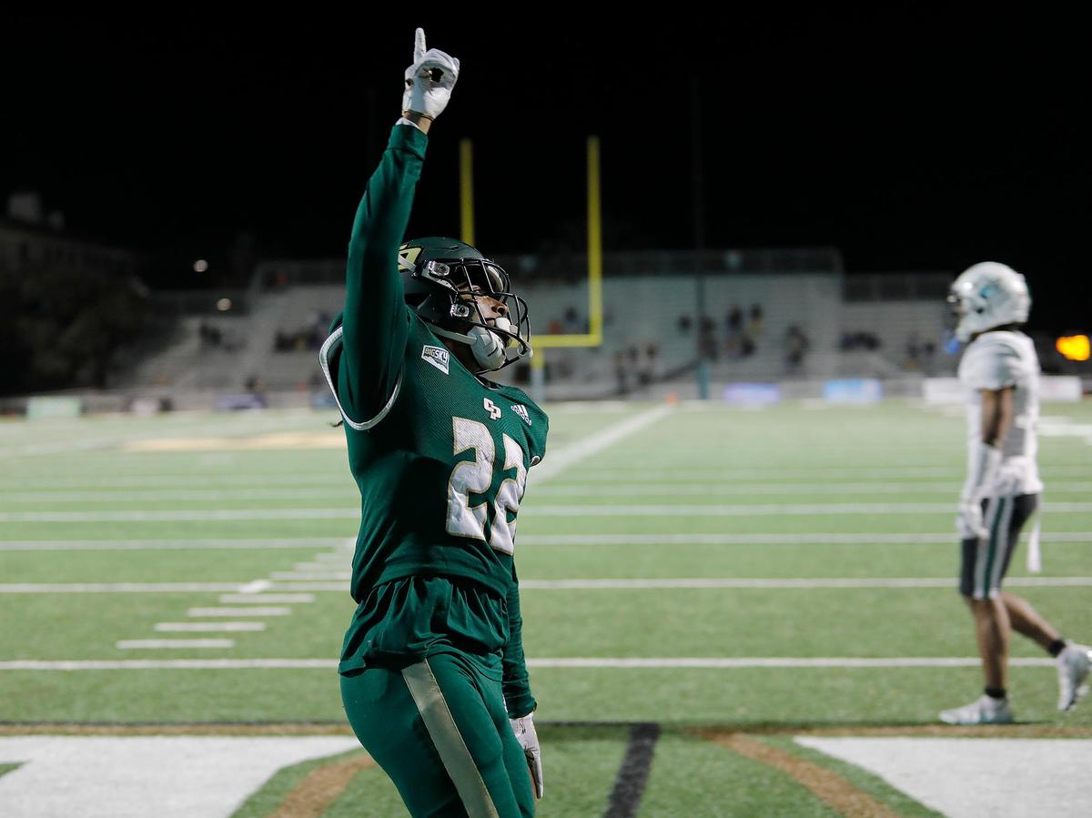 After scoring a touchdown, Paul Holyfield Jr. points to the sky. Cal Poly beat Portland State 49-42 to earn their first and only Big Sky win of the season on Saturday, Nov. 19, 2022, at Alex G Spanos Stadium in San Luis Obispo.