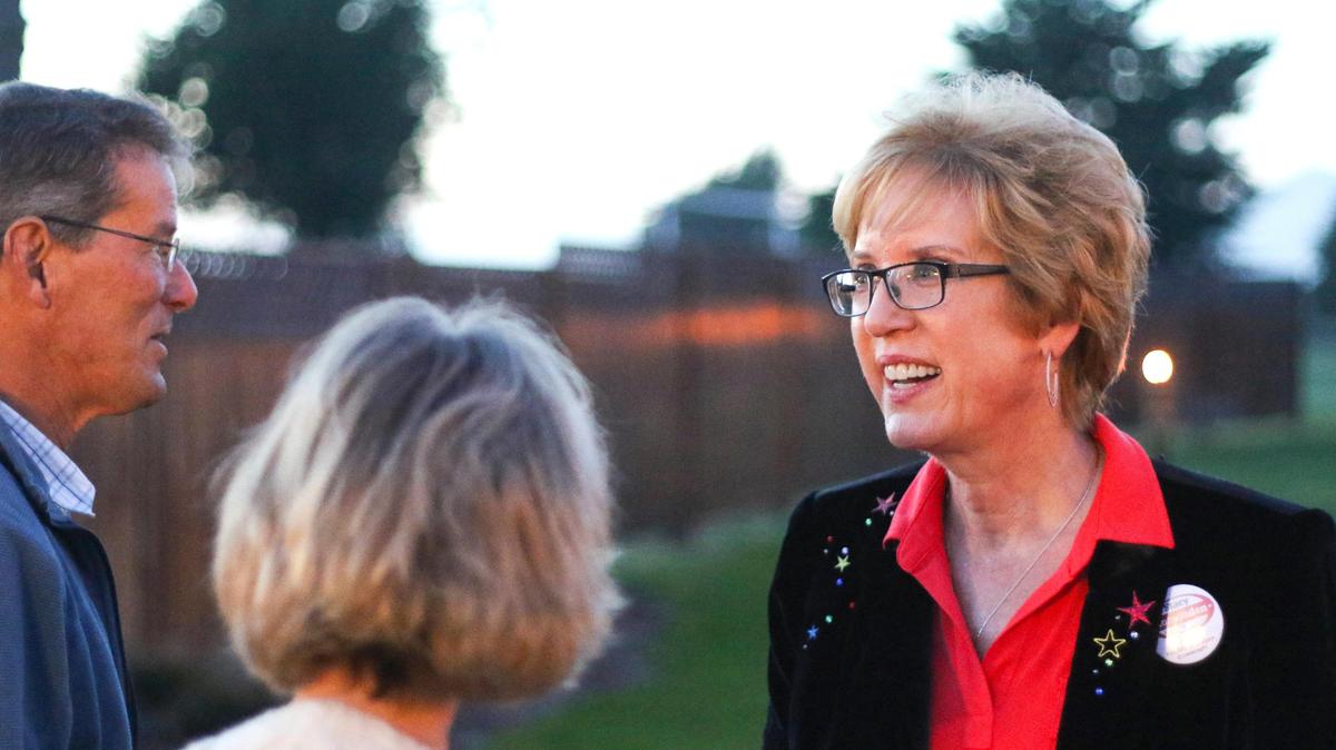 Stacy Korsgaden greets supporters at a party for the candidate for San Luis Obispo County District 3 supervisor in 2020.