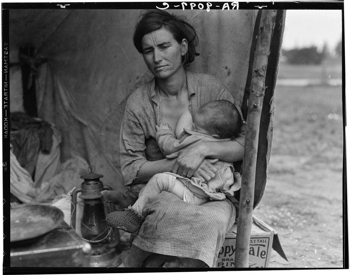 Florence Leona Thompson with her children Norma, Katherine and Ruby in a pea pickers camp on the Nipomo Mesa in 1936. ”Migrant Mother” was an iconic photo of the Great Depression capturing perseverance in the face of hard times.