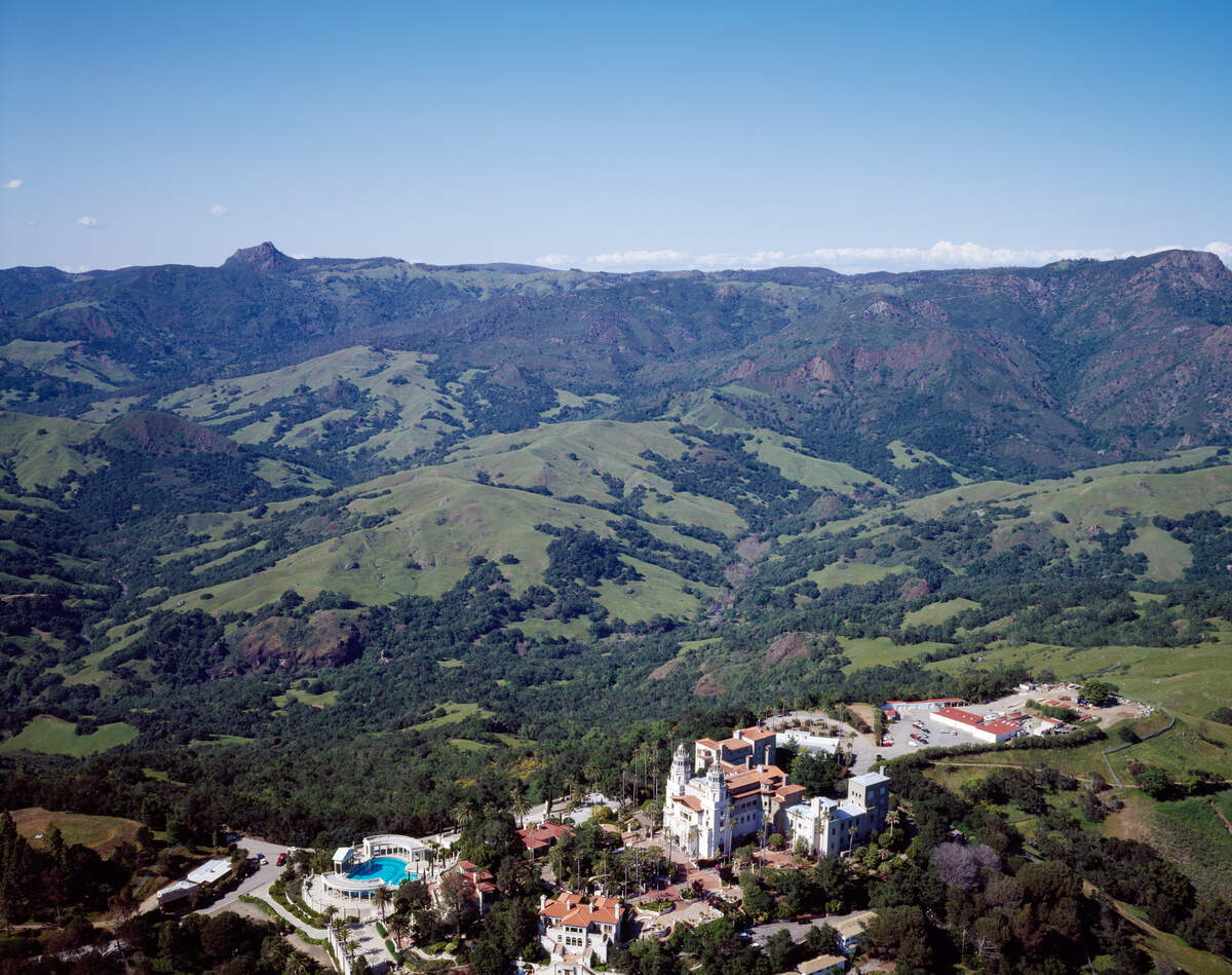 Aerial view of William Randolph Hearst’s San Simeon estate in the coastal mountains of California.