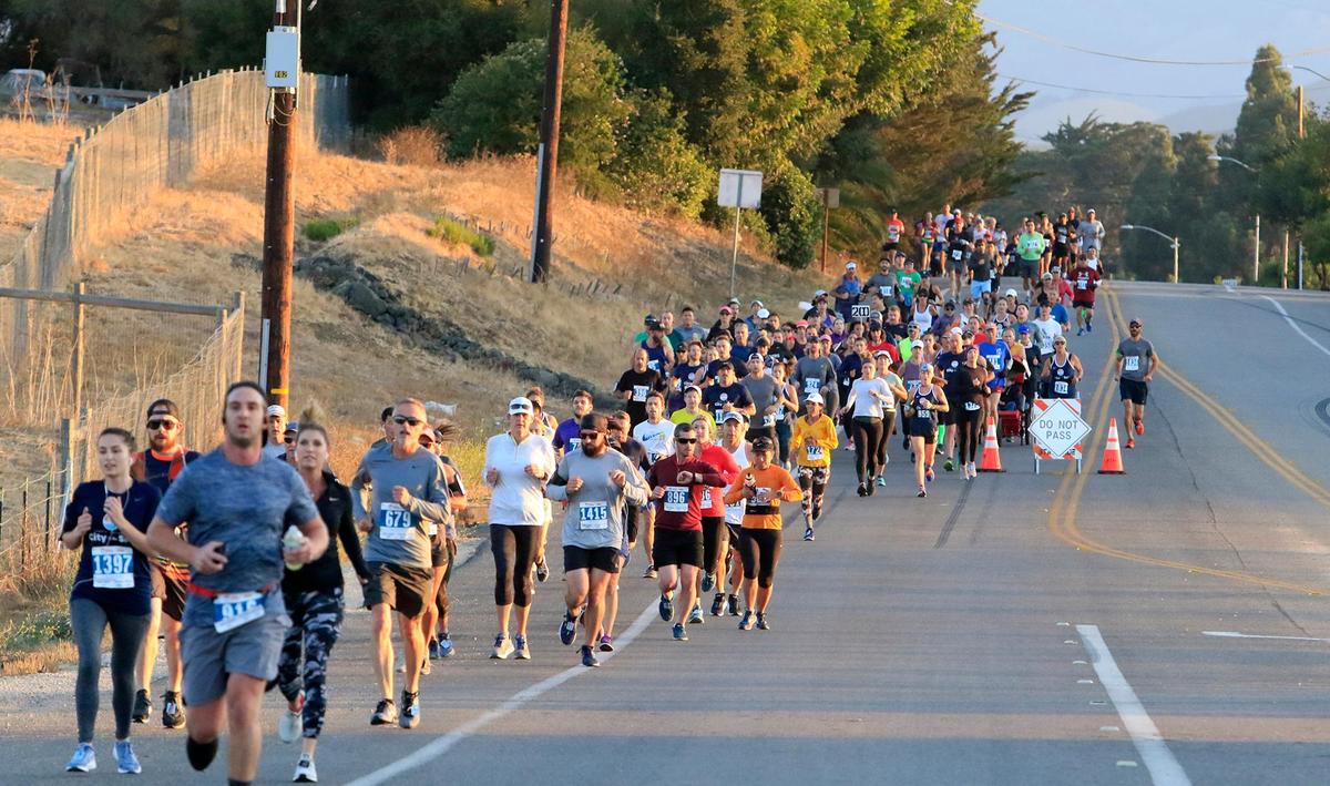 The City to Sea Half Marathon starts in downtown San Luis Obispo, winds through scenic roadways, and ends next to the ocean at Dinosaur Caves Park in Pismo Beach.