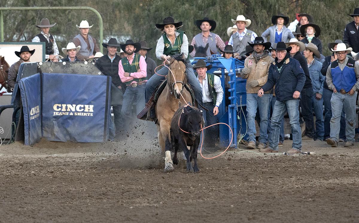 Cal Poly Rodeo Team member Samantha Massey competes in the breakaway competition at the Poly Royal Rodeo on Saturday, April 15, 2023, which she went on to win. The 81st annual Poly Royal Rodeo was held Friday and Saturday, April 14 and 15, 2023, at the Cotton Rosser Rodeo Complex in San Luis Obispo.