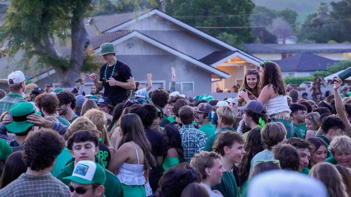 Cal Poly students turned out early Saturday morning, March 16, 2024, for St. Fratty’s Day festivities on Hathway Avenue near the university. A San Luis Obispo Police Department officer at the scene estimated between 6,000 and 7,000 people in attendance.