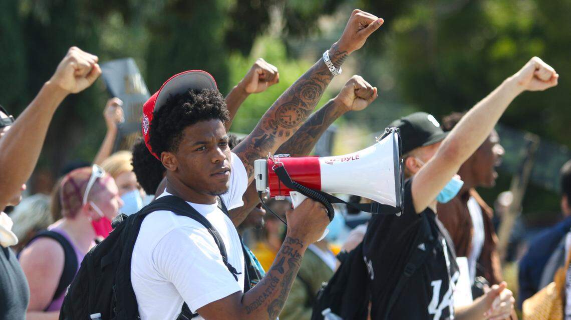 Cal Poly student Jalen Hamler helps lead a Black Lives Matter protest march in San Luis Obispo on Wednesday, June 3, 2020.