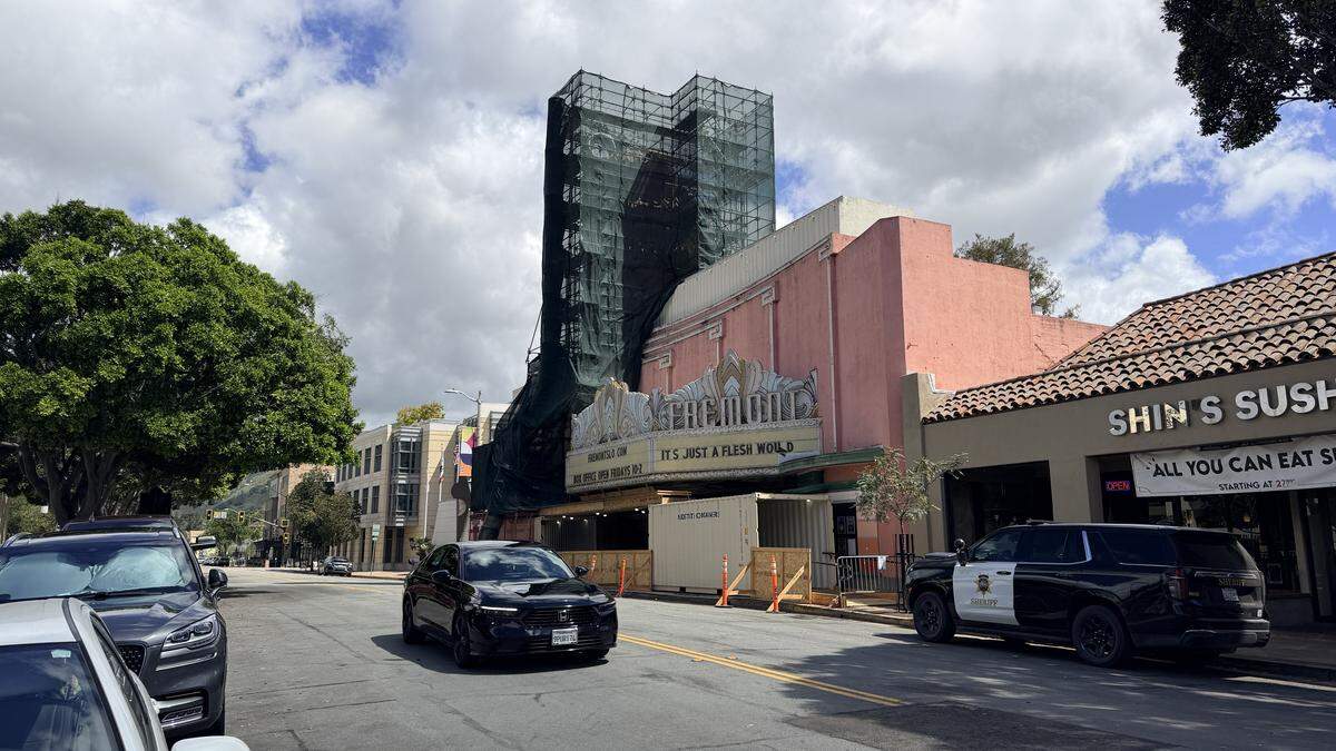 The city has reopened Monterey Street in front of the Fremont Theater, seen here on April 2, 2026, after a storm damaged the iconic sign.