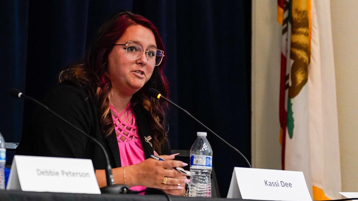 Grover Beach mayoral candidate Kassi Dee speaks at a forum hosted by the League of Women Voters Tuesday, Sept. 17, 2024.