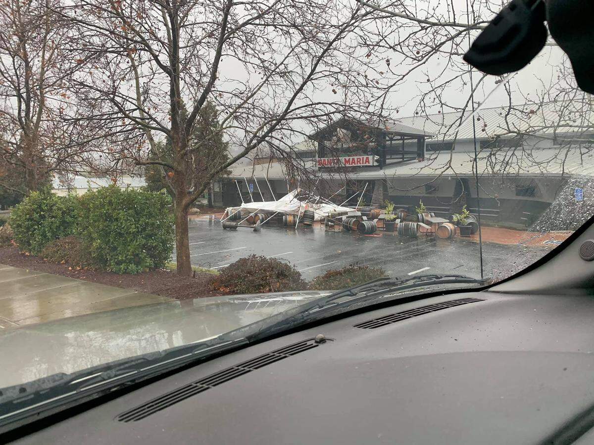 Paso Robles photographer Trisha Butcher captured this scene of destruction at Santa Maria Brewing Co. in Atascadero, where heavy rains and gusty winds collapsed an awning and knocked over barrels and heaters on Wednesday, Jan. 27, 2021.