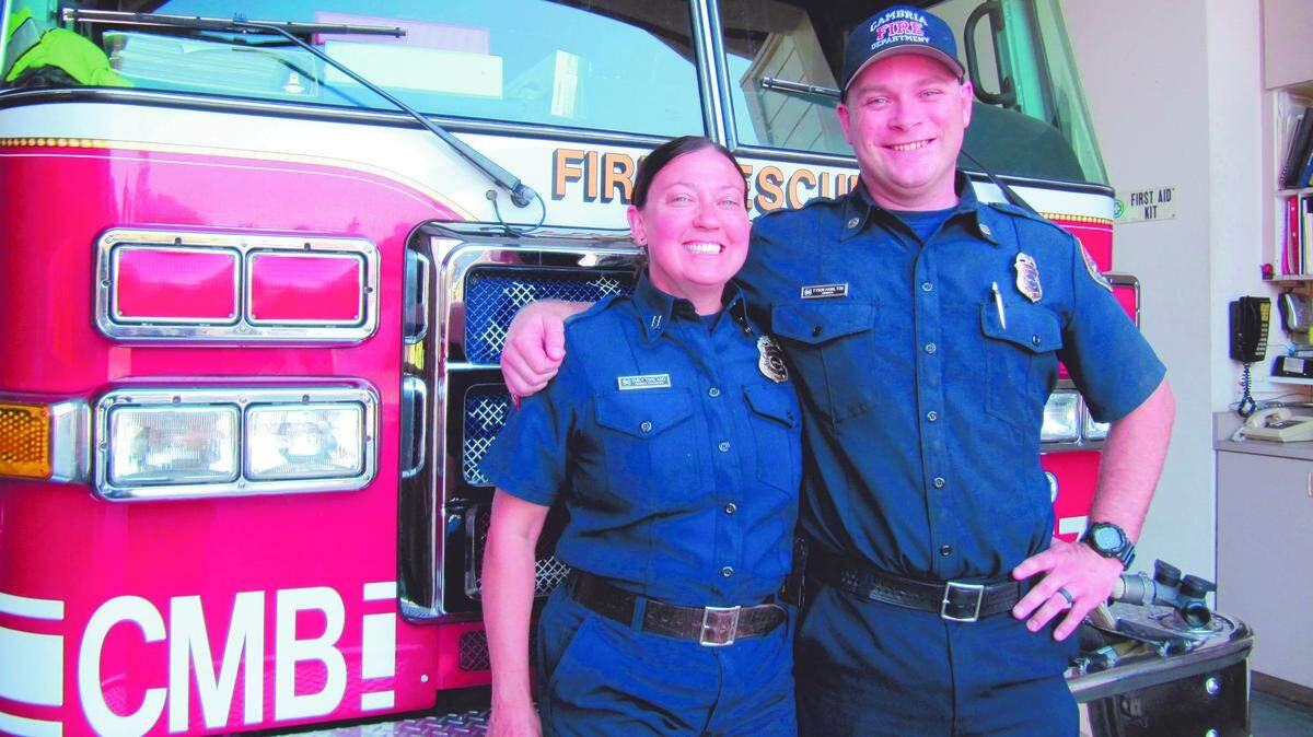 Emily Torlano is filling retiree Steve Bitto's shoes at Cambria Fire Department for up to six months, having begun her stint as interim fire captain Monday, Oct. 5. Filling her former fire engineer position for now is Tyson Hamilton, right.