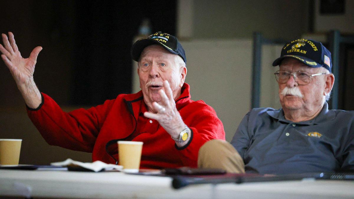 Jim Schiller, left, from the U.S. Navy and Jim Murphy of the Marines were among 53 Korean War veterans who gathered Thursday, July 27, 2023, to share memories at the Veterans Memorial Building in San Luis Obispo on the 70th anniversary of the armistice.