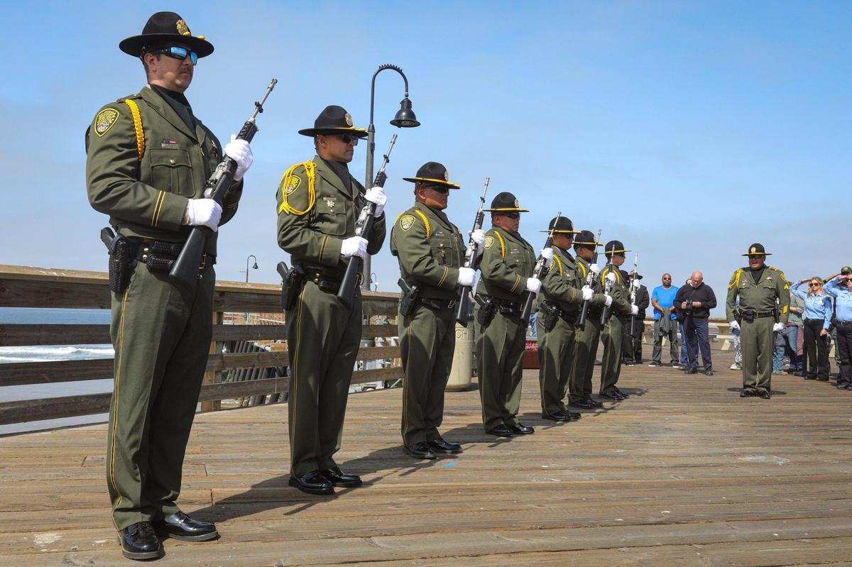 CMC officers carried out the rifle volley salute during the 2022 Peace Officers’ Memorial on Thursday, May 5, 2022, at the Pismo Beach Pier.
