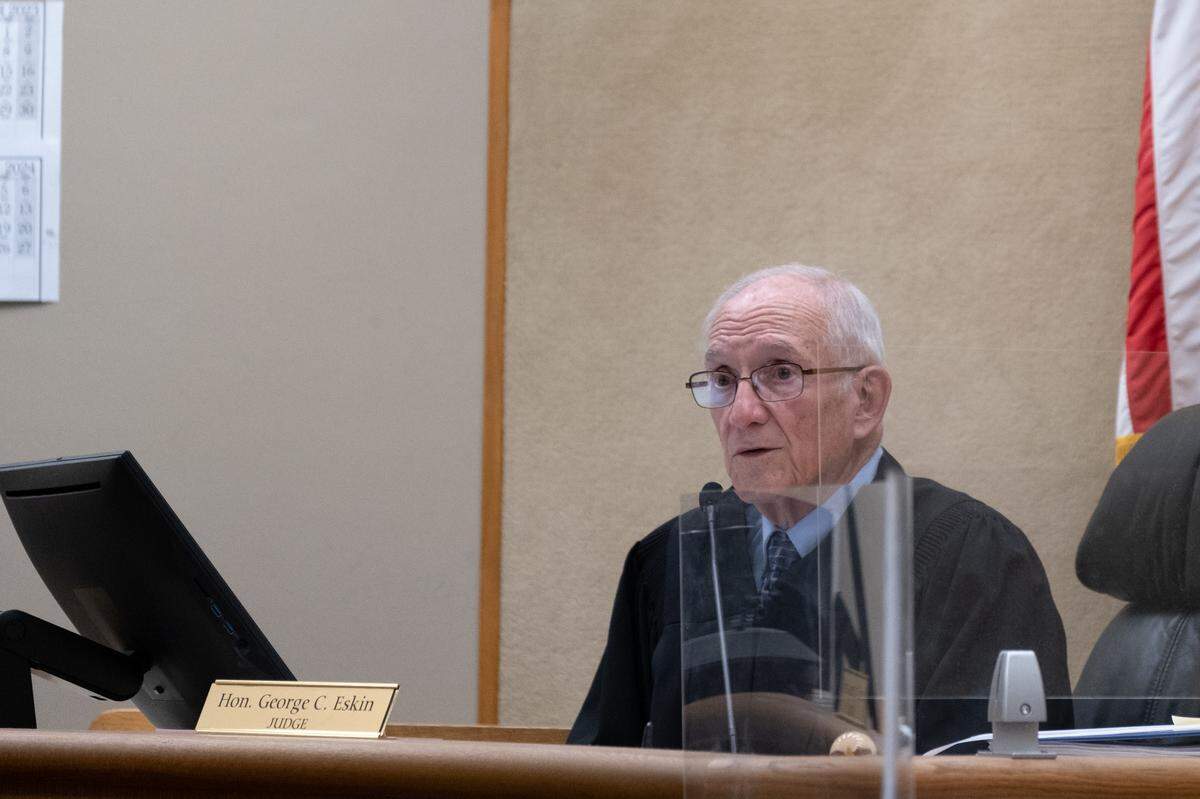 San Luis Obispo Superior Court Judge George C. Eskin presides over a court hearing in the case against Justin Buchanan on Aug. 3, 2023.