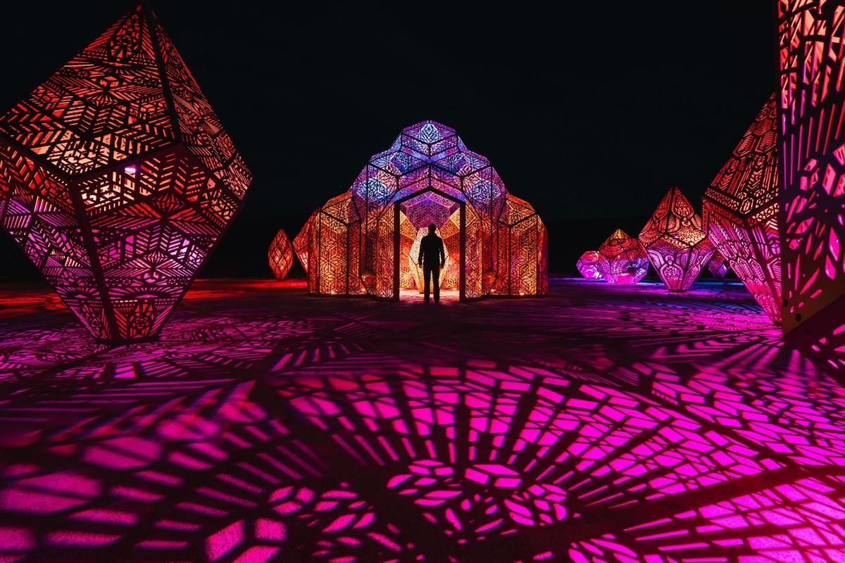 DIMENSIONS, a new series of large-scale glowing geometric metal sculptures created by Los Angeles-based artists by HYBYCOZO, are the latest art installation at Sensorio in Paso Robles. The new feature debuted in time for Sensorio’s fifth anniversary in May 2024.