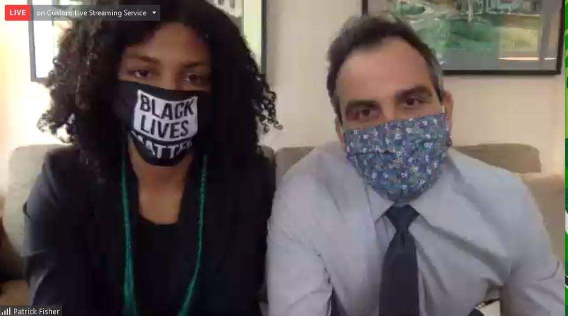 Tianna Arata, left, appears at a San Luis Obispo Superior Court hearing via Zoom conference with attorney Patrick Fisher on March 3, 2021.