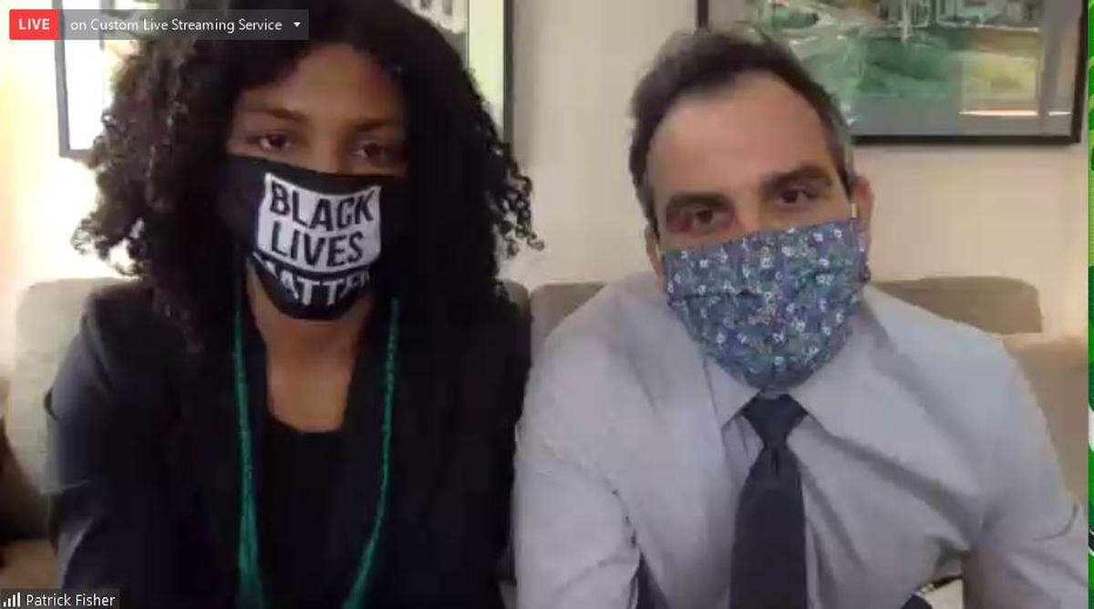 Tianna Arata, left, appears at a San Luis Obispo Superior Court via Zoom conference with attorney Patrick Fisher on March 3, 2021.