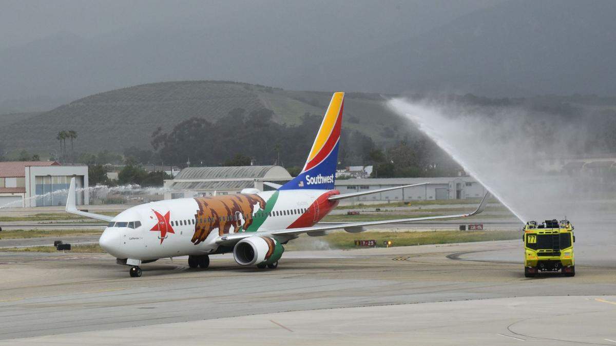 Southwest Airlines’ inaugural flight to Santa Barbara from Las Vegas was greeted with a water-cannon salute Monday upon arrival.