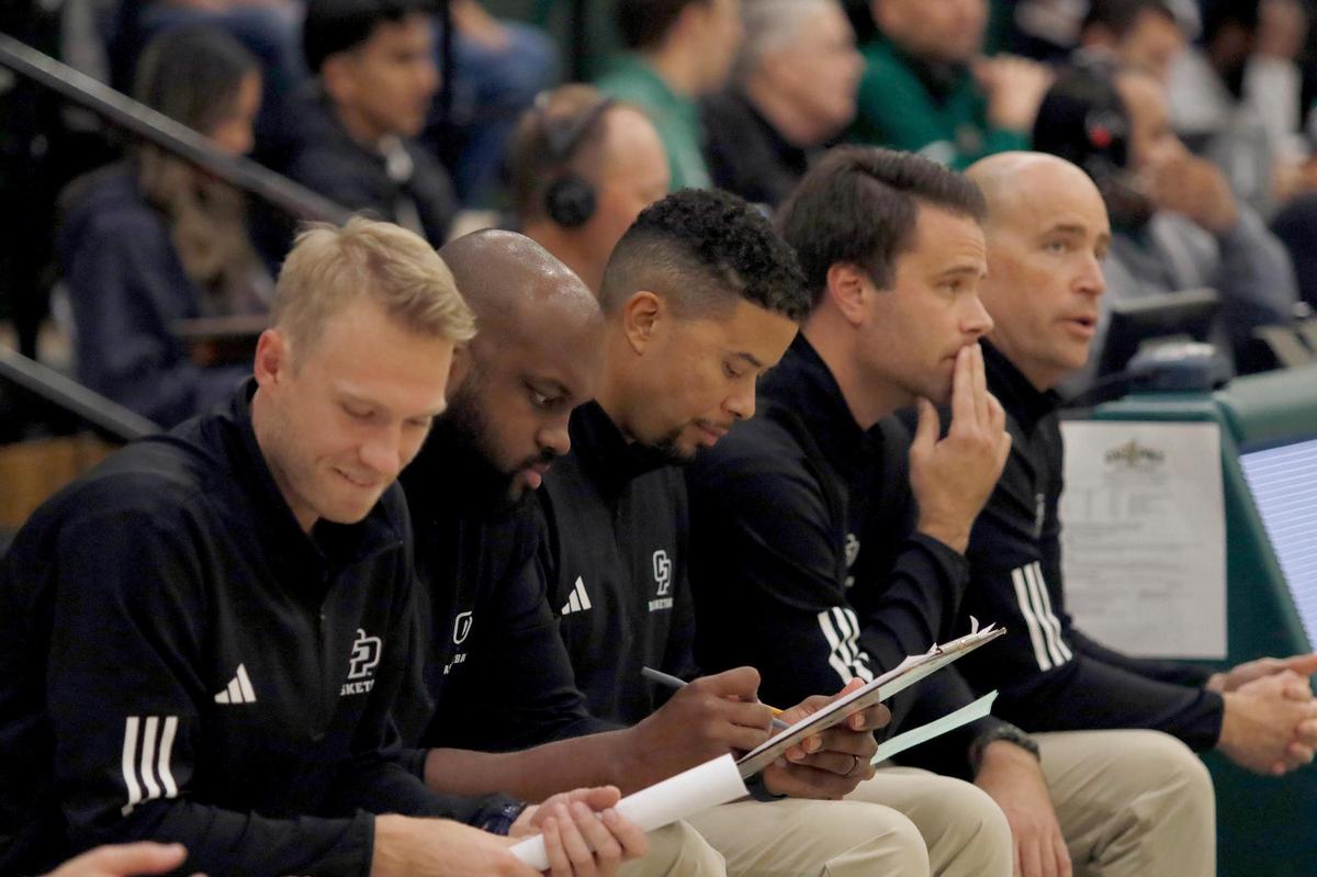 Cal Poly’s basketball coaches. Cal Poly beat Seattle University 75-71 in a college basketball game at Mott Athletics Center on Nov. 14, 2024.