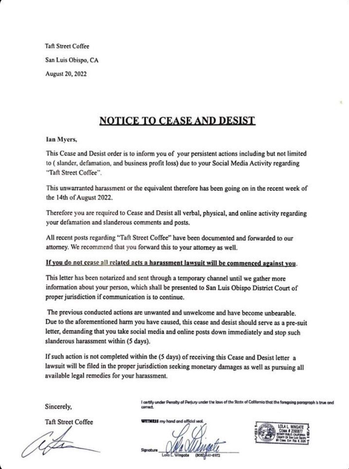 The cease and desist letter sent to Henry Bruington through Instagram messaging from Taft Street Coffee on August 20, 2022.