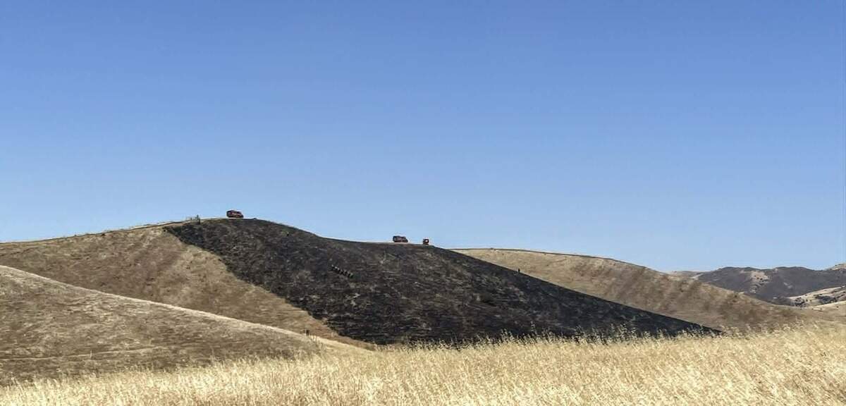 A burned hillside was visible Sunday afternoon after crews stopped forward progression of the Cotton Fire near the San Luis Obispo-Kern county line north of Highway 41.