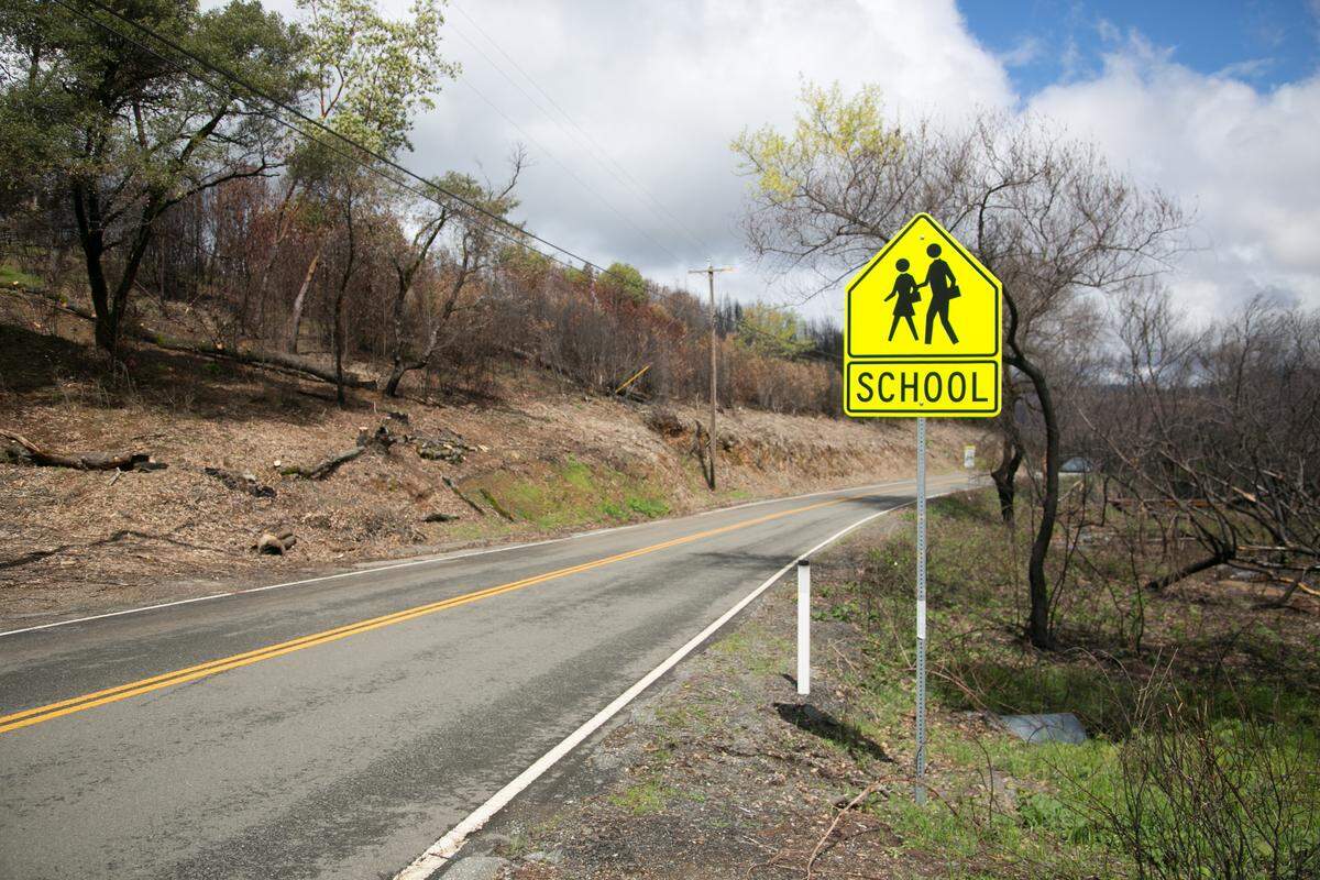 A mountain road near the town of Paradise, which was all but destroyed by 2018’s Camp Fire.