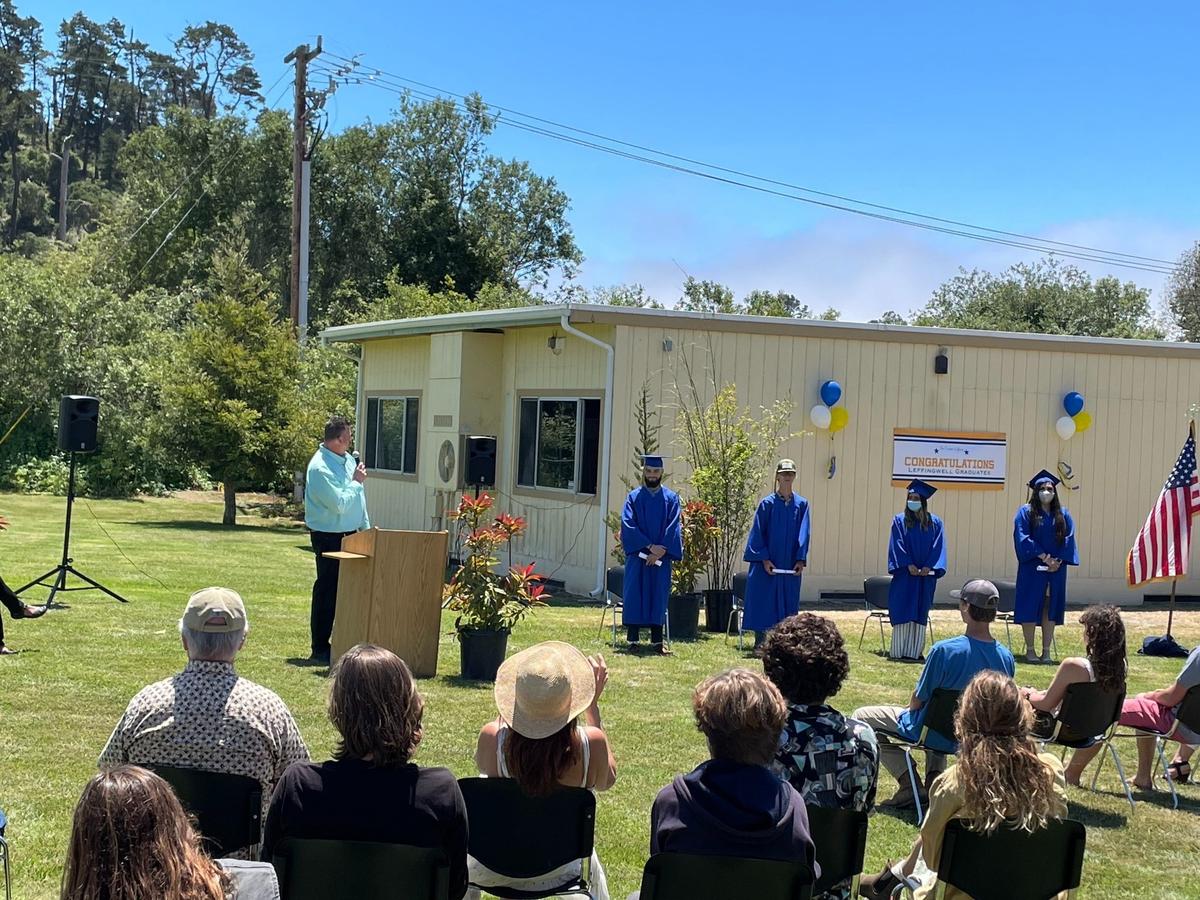 From left, Coast Union High School Principal Scott Jorgenson addresses four of the five 2021 graduates of Leffingwell High School in Cambria, who are Joseph “Joey” Azevedo, William “Will” Burton-Linn, Nadia Hernandez Castillo and Dulce Cisneros Lopez. The fifth graduate, Makayla Fordyce, wasn’t able to attend. Leffingwell is part of the CUHS campus.