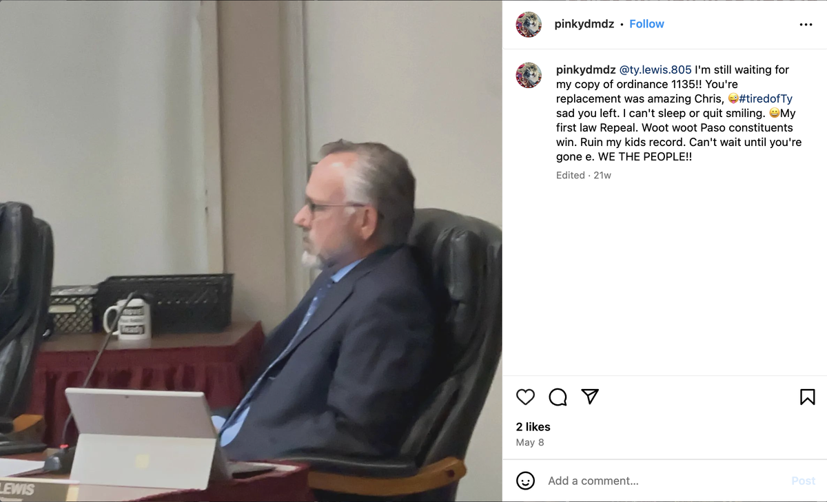 A screenshot of a May 8, 2024, Instgram post by Paso Robles City Council candidate Linda George. This screenshot, taken Oct. 7, 2024, shows the caption was edited at some point.