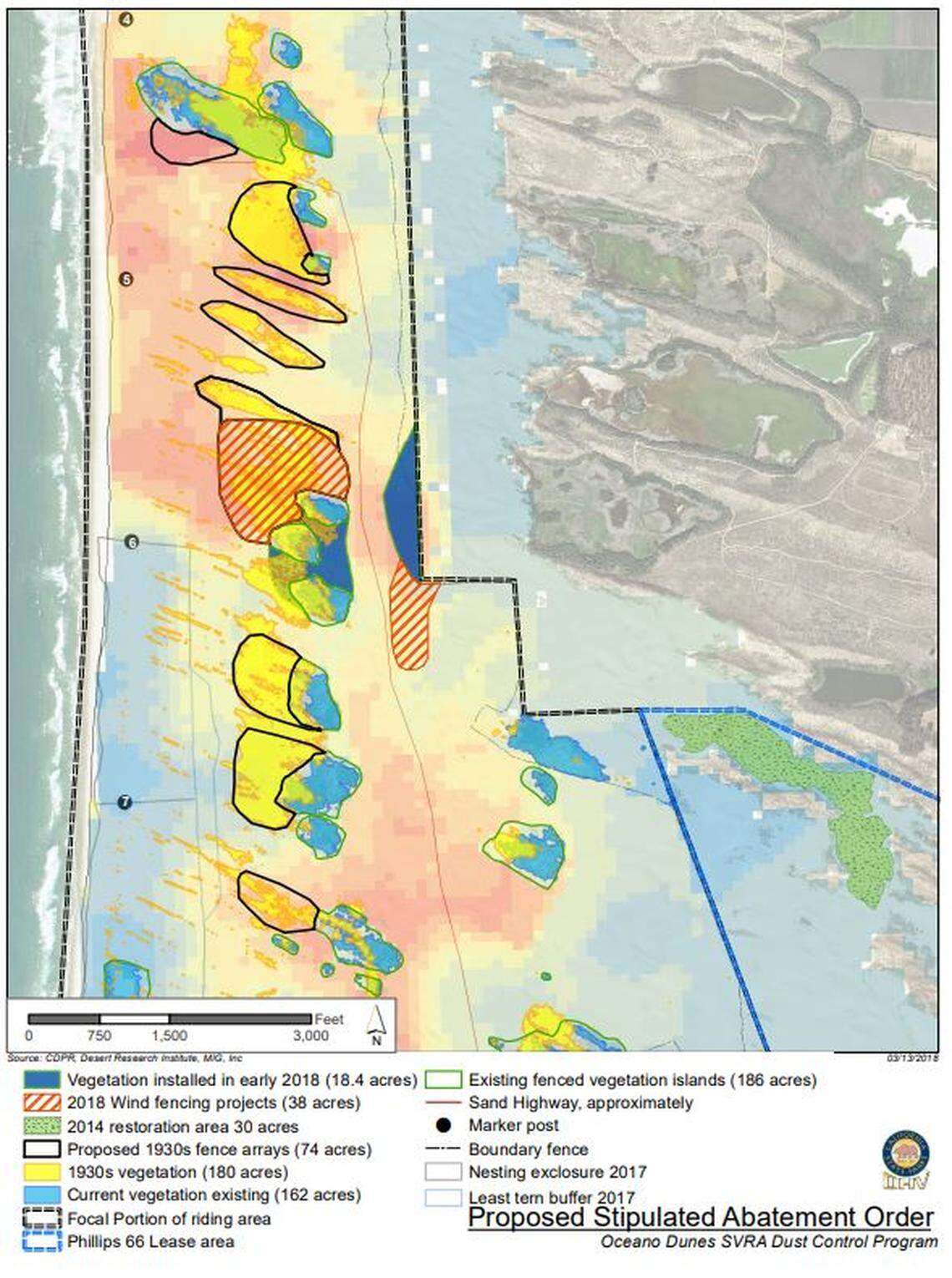 A map of potential 2018 closures in the Oceano Dunes SVRA for a proposed dust mitigation plan.