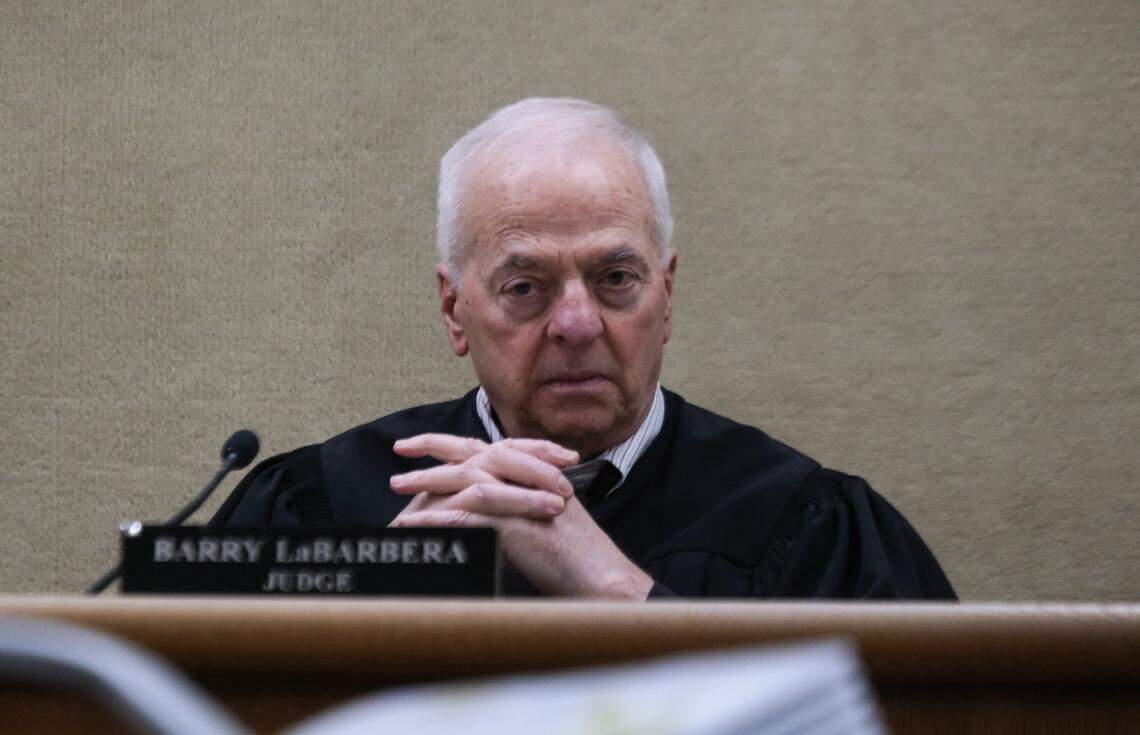 San Luis Obispo Superior Court Judge Barry LaBarbera listens in court during a trial in January 2024.